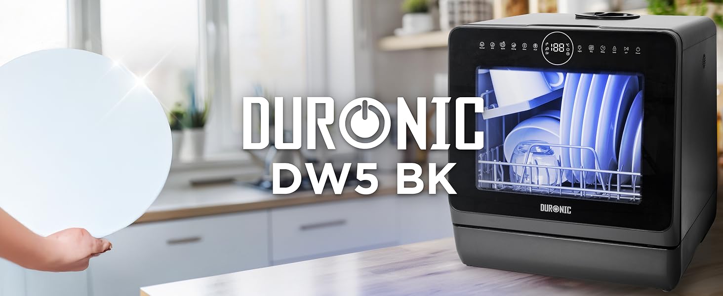 Настільна посудомийна машина Duronic DW5 BK Mini, 6 програм, 3 комплекти посуду, бак 5 л, без підключення води