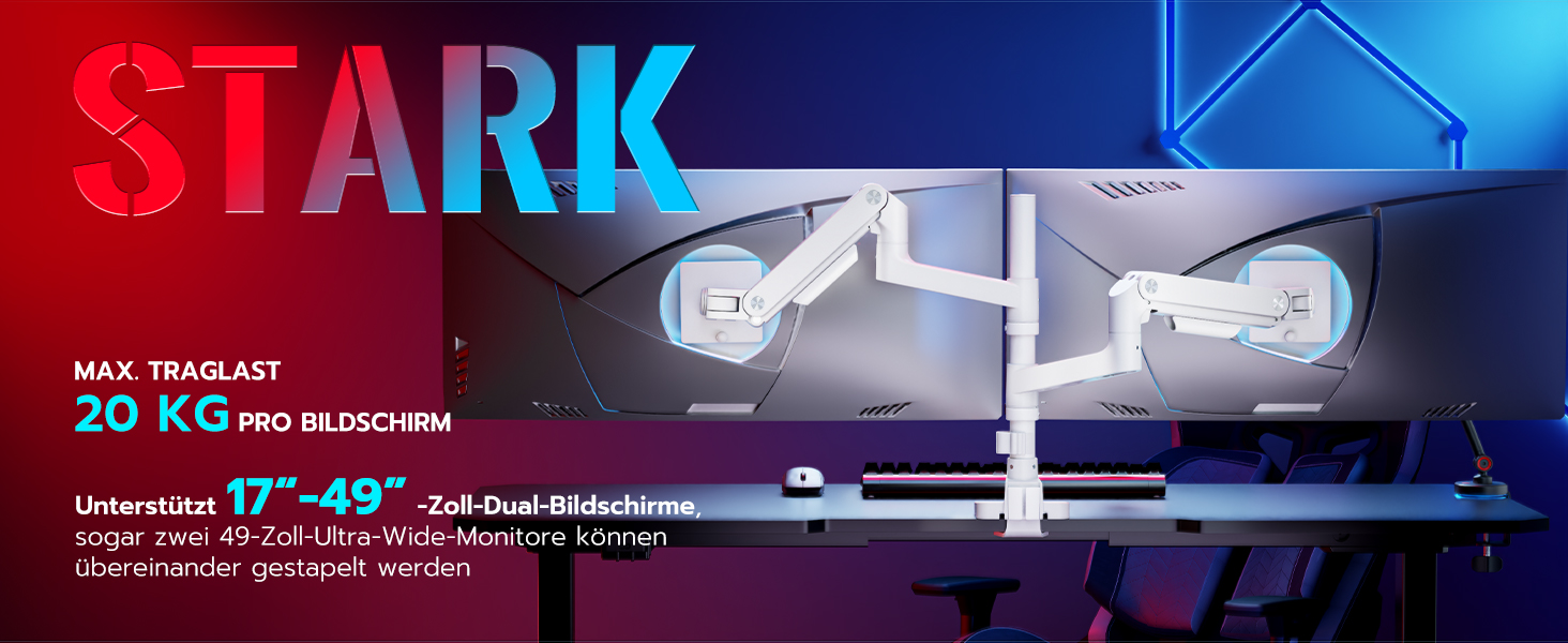 Кріплення для монітора ARES WING для 2 моніторів, 17-49 дюймів, газ-амортизатор, регулювання висоти, поворотний, VESA 75/100 мм, 2-20 кг, білий