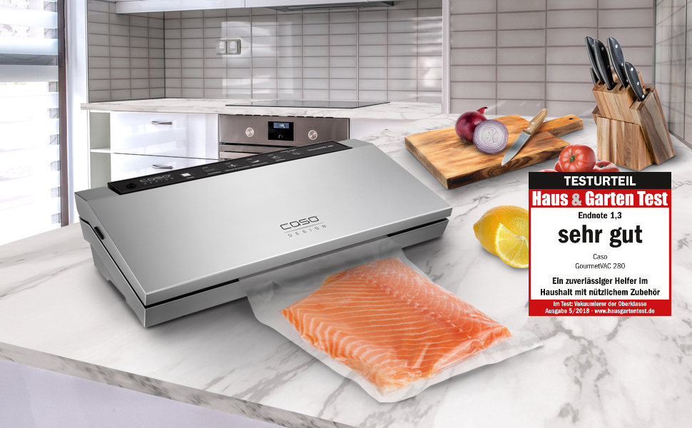 Вакууматор CASO GourmetVAC 280 з поршневим насосом (15л/хв), регулюванням сили вакууму та часу запаяння, комплект 10 пакетів 20x30 см