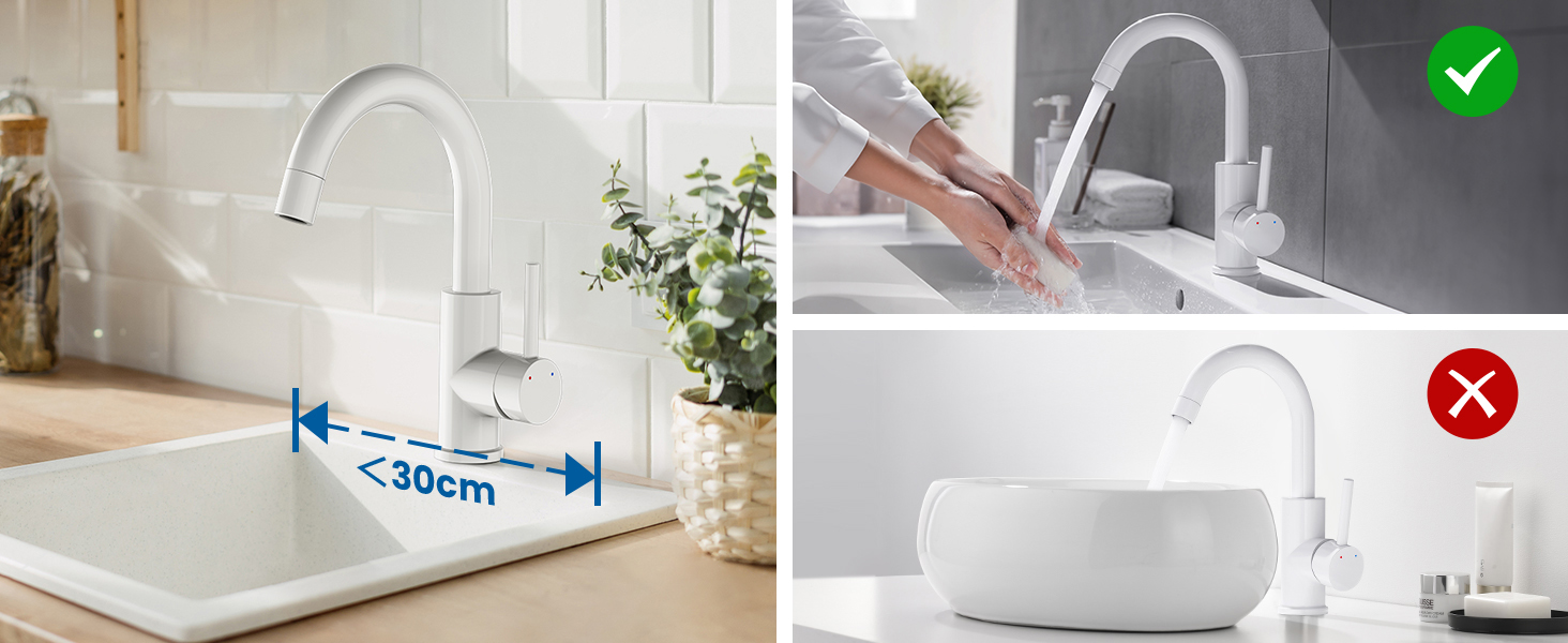 Змішувач для ванної кімнати/кухні Auralum з поворотним гусаком 360°, з високоякісної латуні, з підключенням 60 см, однорідний змішувач (білий)