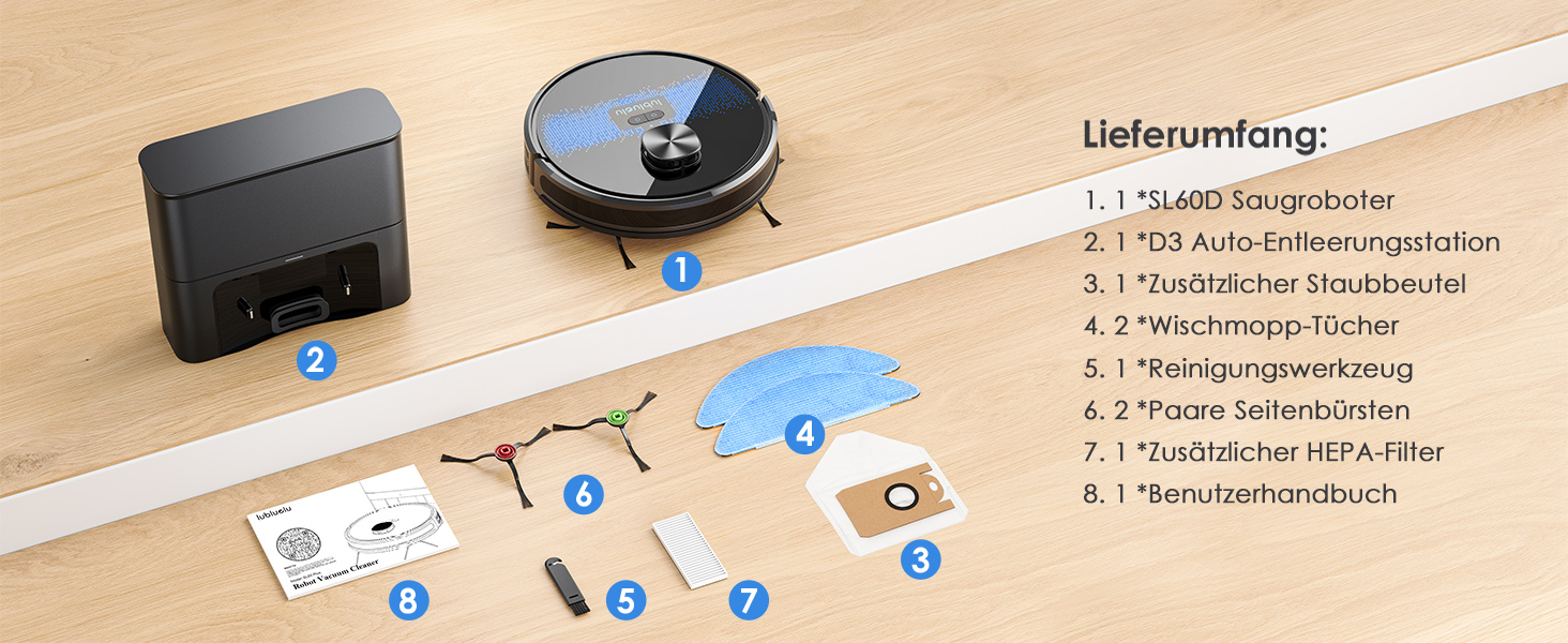 Робот-пилосос Lubluelu SL60 Pro 3-в-1 з док-станцією, Lasernavigation, APP управління, 4500Pa, для твердих поверхонь, килимів, шерсті тварин