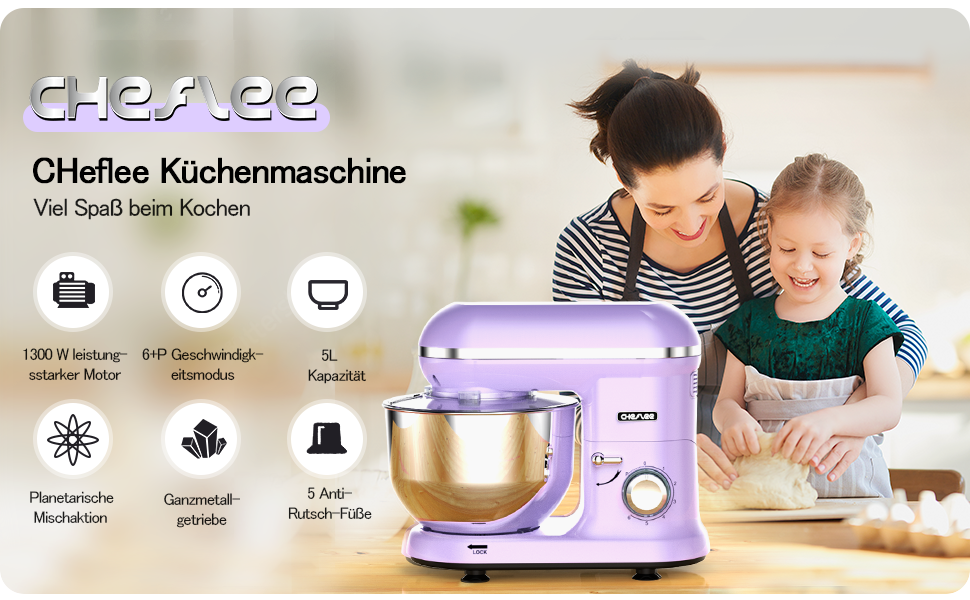 Потужний планетарний міксер CHeflee 2000W з чашею 8 л, кухонна машина для замісу тіста з 6 швидкостями, набором насадок та захисним кожухом