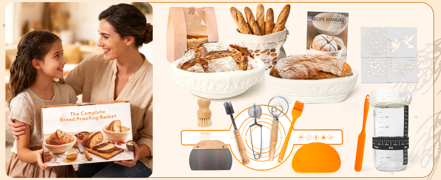 Набір для закваски з плетеного ротангу: корзини (23см круглі, 25см овальні), скребок для тіста, тканинний вкладиш, мішалка та інше | Професійне аксесуар для випічки хліба