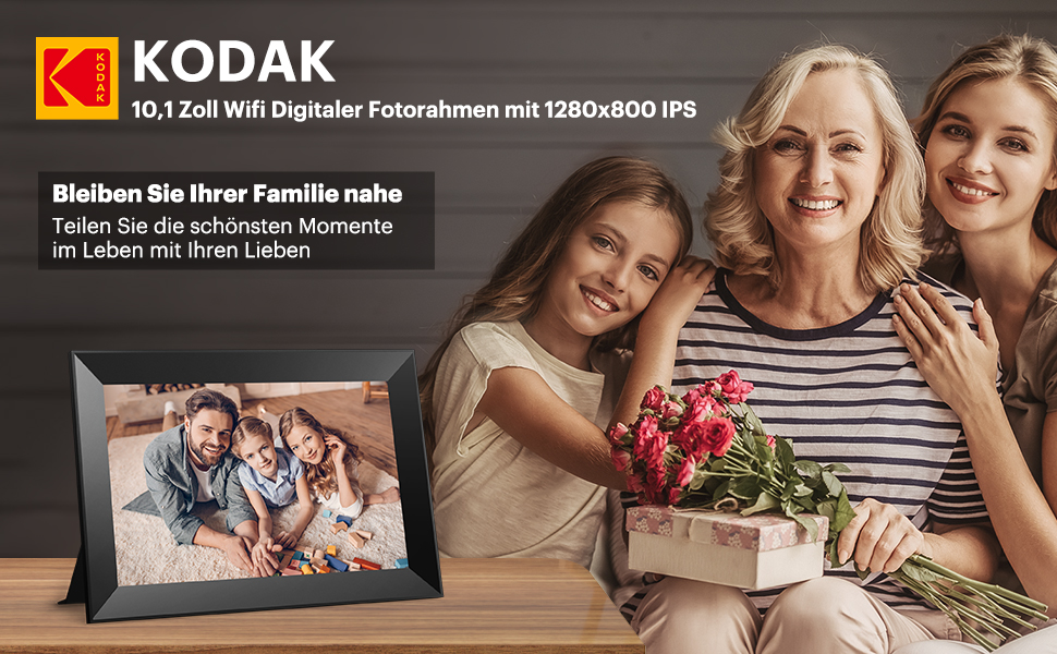 Цифровий фоторамка Kodak 10.1 дюймів з Wi-Fi, HD IPS-сенсорний екран, 32 ГБ пам'яті, автоматичне обертання зображень, можливість ділитися фото та відео через додаток, чорний