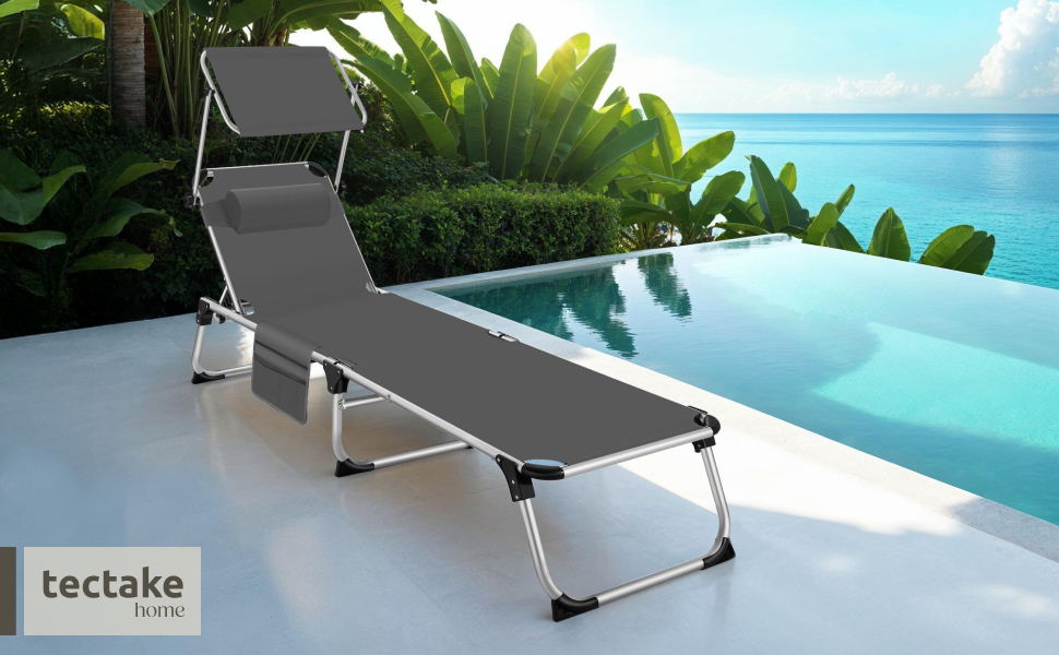 Шезлонг Tectake з дахом, балконний шезлонг з алюмінію, складний садовий шезлонг, стійкий до погодних умов, шезлонг для саду, кемпінгу та пляжу, регульована спинка, подушка для голови, бічна кишеня - сірий меланж (сірий)