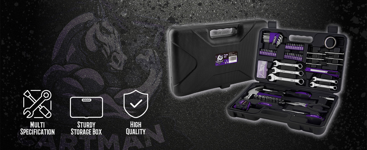 Набір інструментів CARTMAN 148 предметів для дому в пластиковому кейсі, синьо-фіолетовий