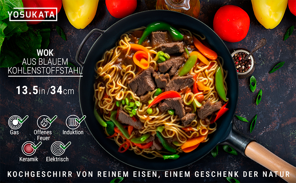 Вок YOSUKATA з вуглецевої сталі (34 см) - попередньо обпалена поверхня, плоске дно, для індукційних, газових та електричних плит (синій)