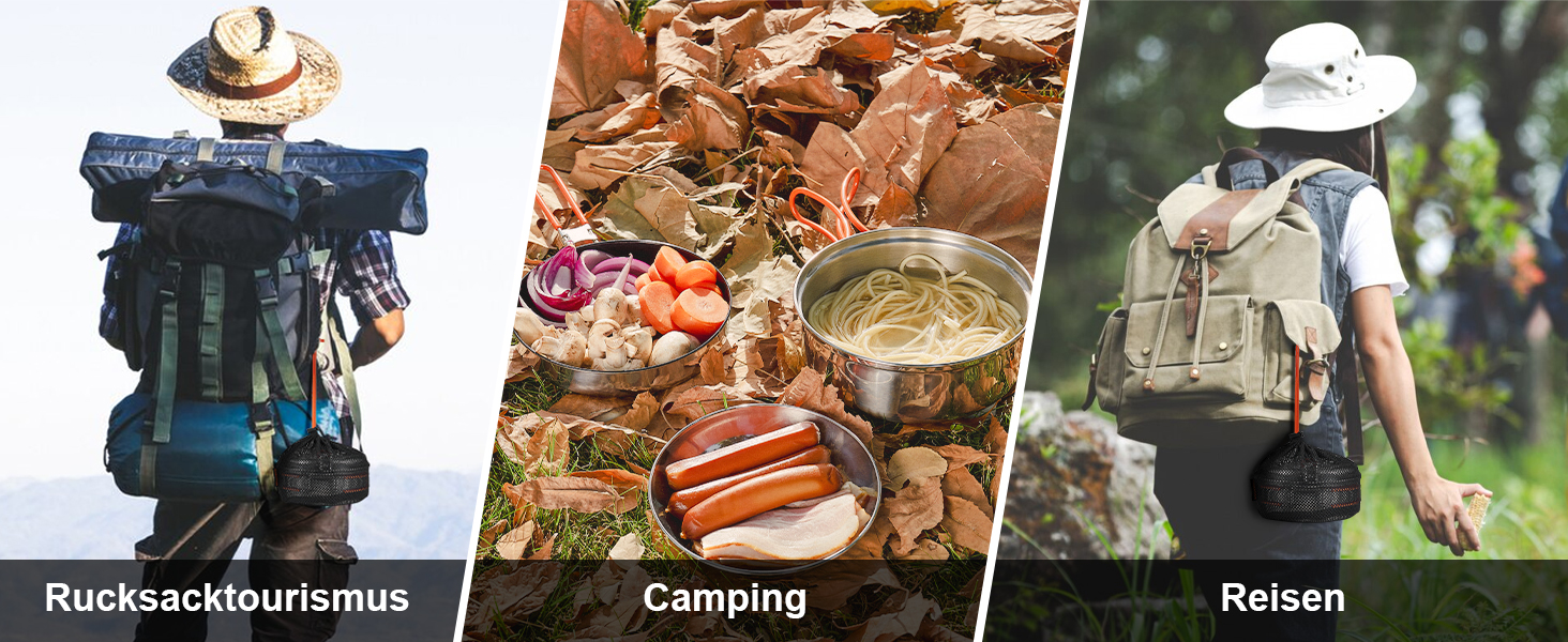 Набір кухонного посуду для кемпінгу Odoland 10 предметів: каструля, сковорода з антипригарним покриттям, тарілки, миски, виделки, ножі, ложки. Ідеально для кемпінгу, пікніків, походів та трекінгу. Виготовлений з нержавіючої сталі з захисною шкіряною обкладинкою.