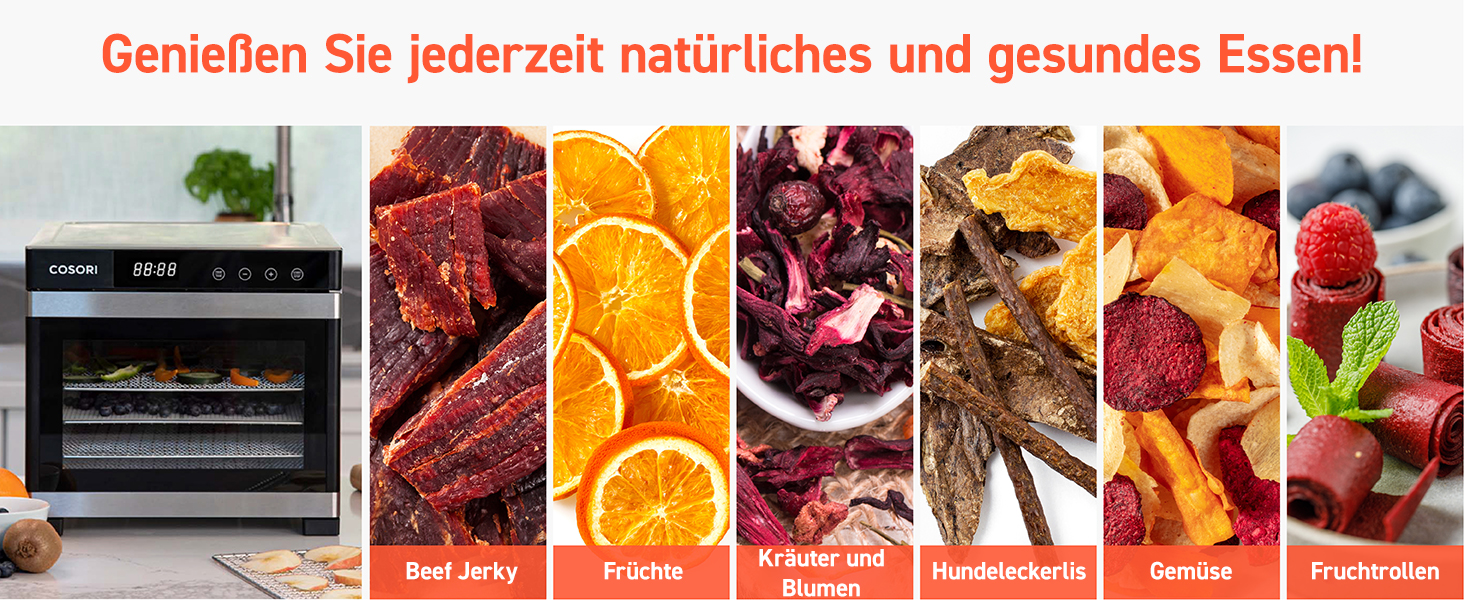 Сушарка для їжі COSORI з нержавіючої сталі, 6-ярусна, з 50 рецептами, 6 лотків, 3 сітки, 3 килимки, площа 0,6 м², таймер 48 год, LED-дисплей (35°-75°C), 650W