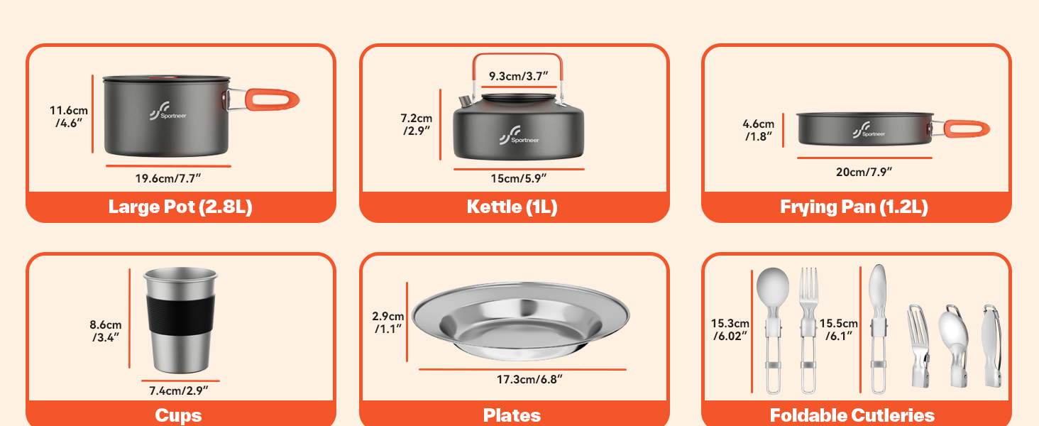 Набір посуду для кемпінгу на 2 особи: каструля, сковорода, чайник, тарілки, чашки, столові прибори (Löffel, Gabeln) для пікніків, походів та кемпінгу