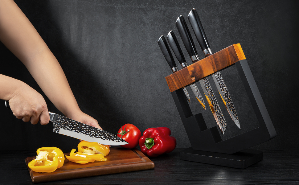 Набір кухонних ножів Messerblock 6 предметів: професійний набір з нержавіючої сталі з ергономічною ручкою з ебену, включає кухонний, м'ясний, хлібний, універсальний та овочевий ножі