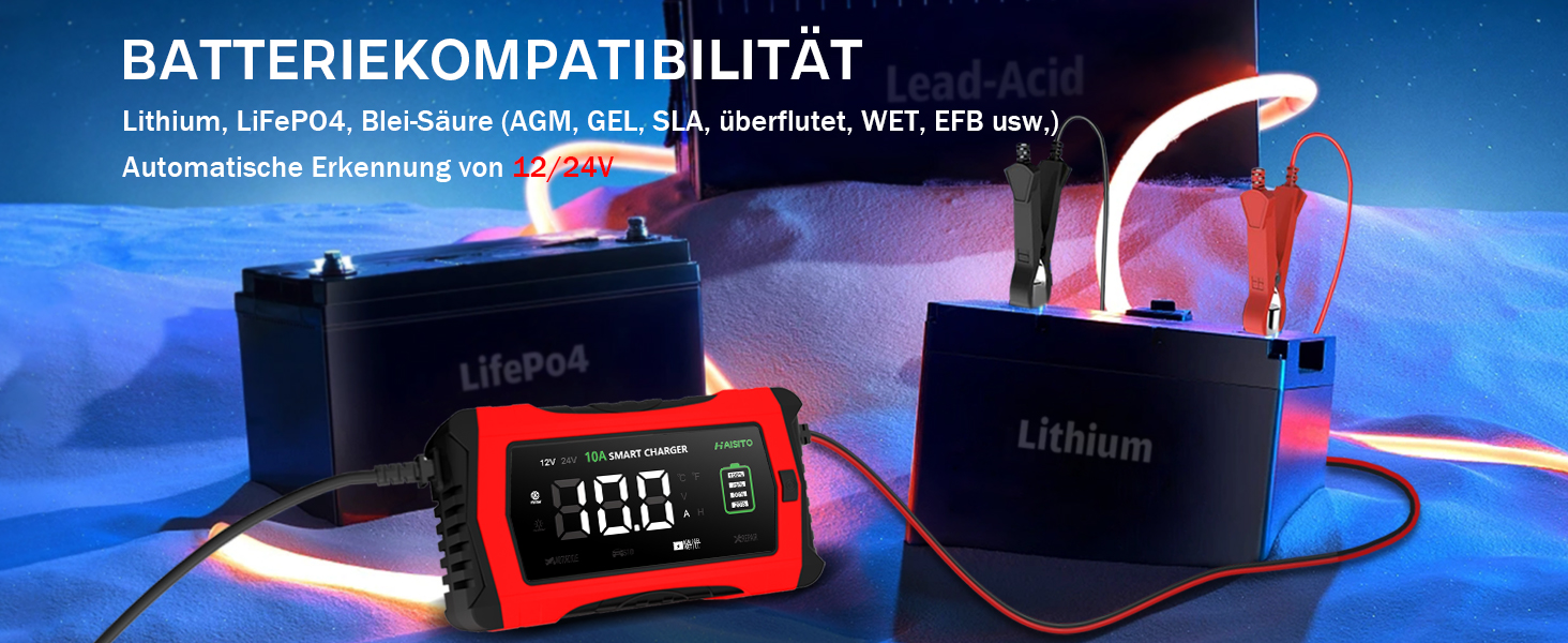 Інтелектуальне зарядне пристрій для акумулятора Haibito 12V/24V 10A з LCD-дисплеєм, для автомобіля