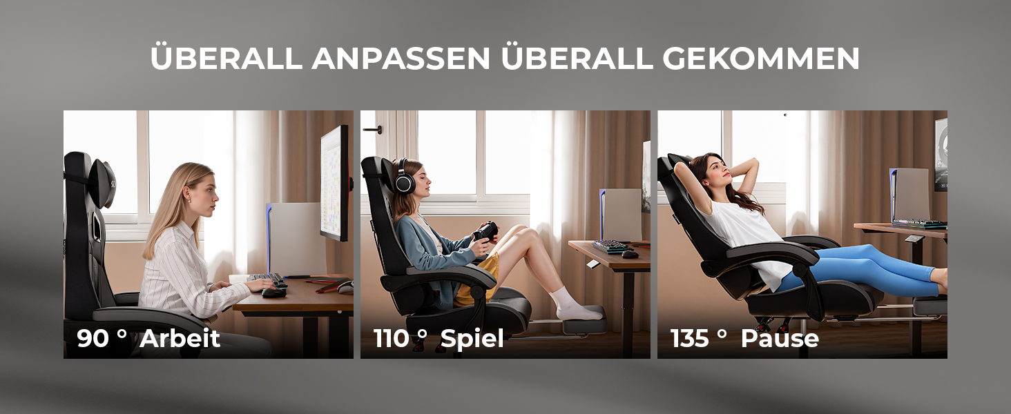 Ігровий крісло SUKIDA з підніжкою, ергономічний, для геймінгу та офісу, сірий