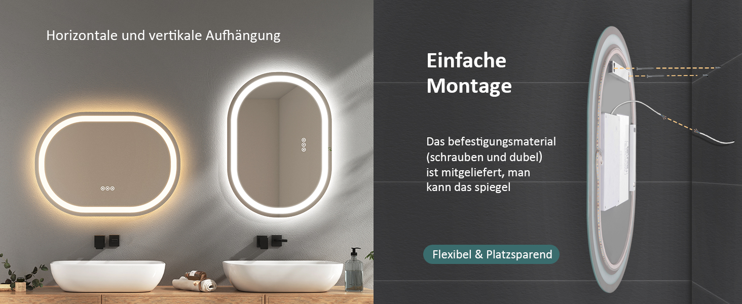 Дзеркало для ванної кімнати EMKE з підсвічуванням 80x60 см, сенсорне управління, антизапар, 3 кольори світла, регулювання яскравості, функція пам'яті, енергозберігаюче, овальне дзеркало