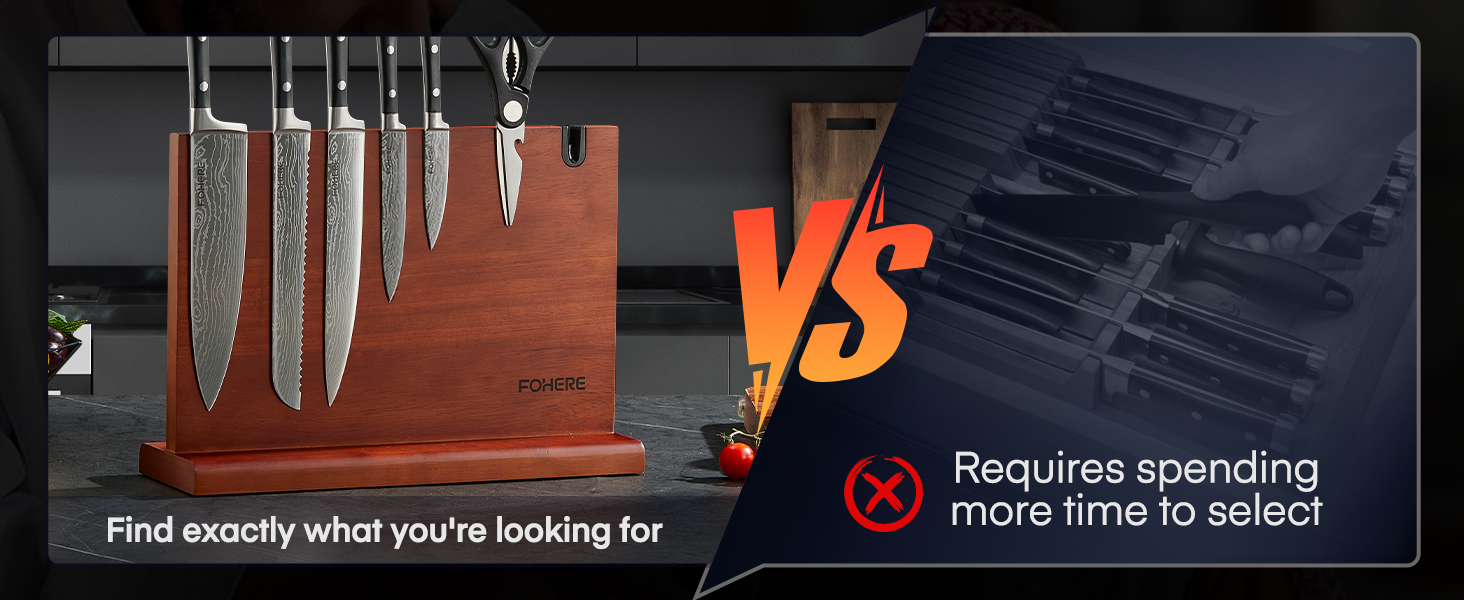 Набір ножів FOHERE 7 предметів: кухонний, для хліба, овочевий, з точилкою та магнітним блоком з нержавіючої сталі та дерева