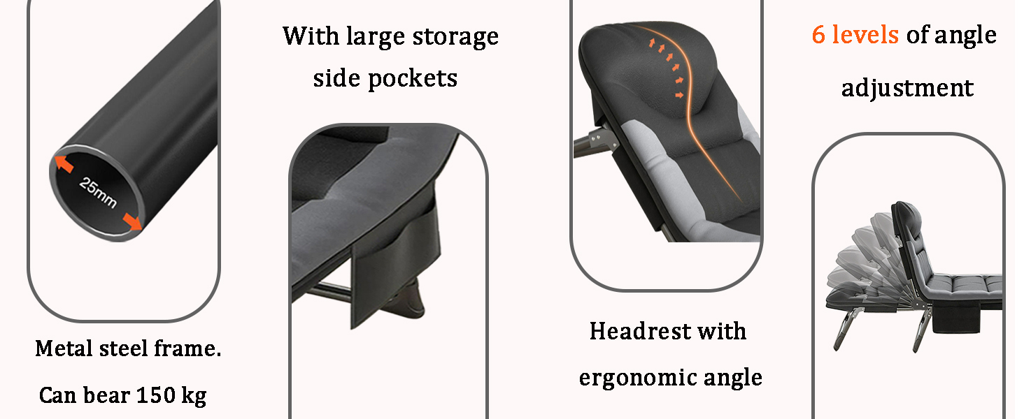 Розкладне кемпінгове ліжко-шезлонг XXL чорне, посилене польове ліжко з регульованою спинкою для відпочинку, рибалки та саду