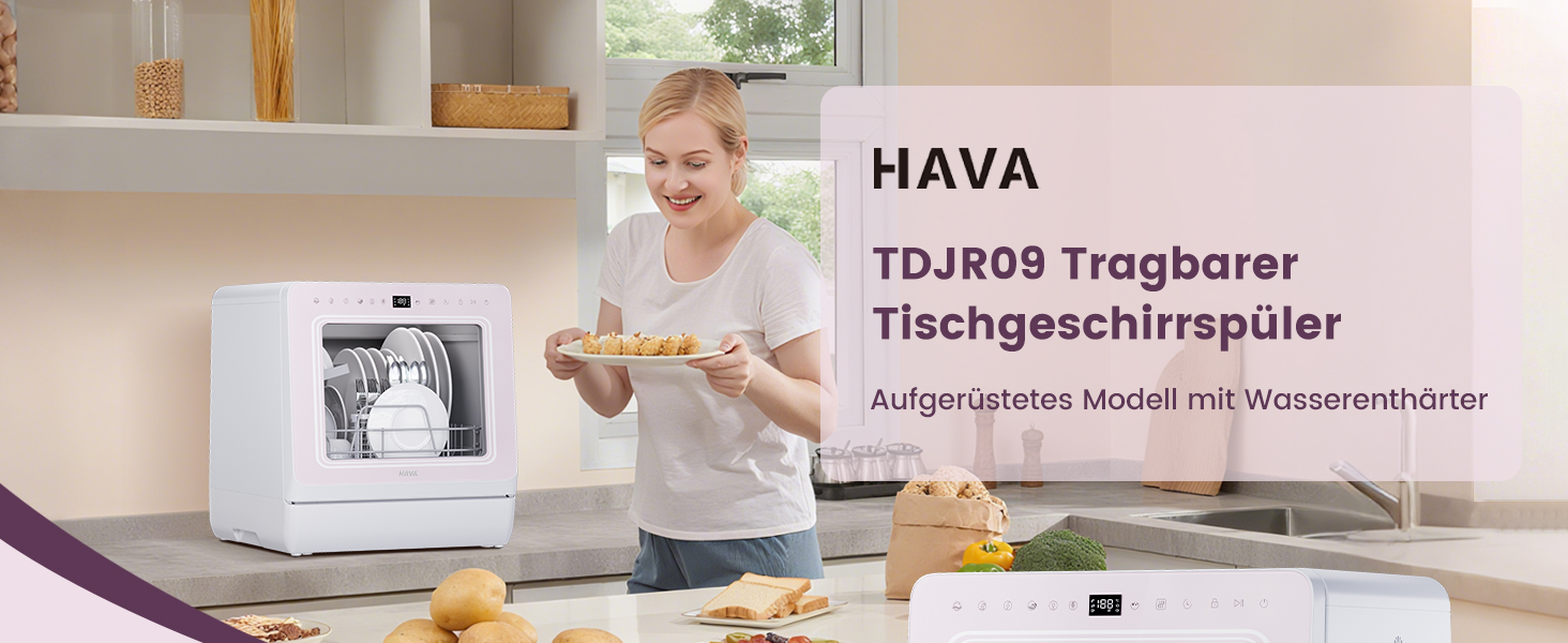 Посудомийна машина HAVA для столу з пом'якшувачем води та підвищеною енергоефективністю, 8 програм миття, блокування від дітей та відкладений старт, не потребує встановлення - ніжний лавандовий колір, TDJR09