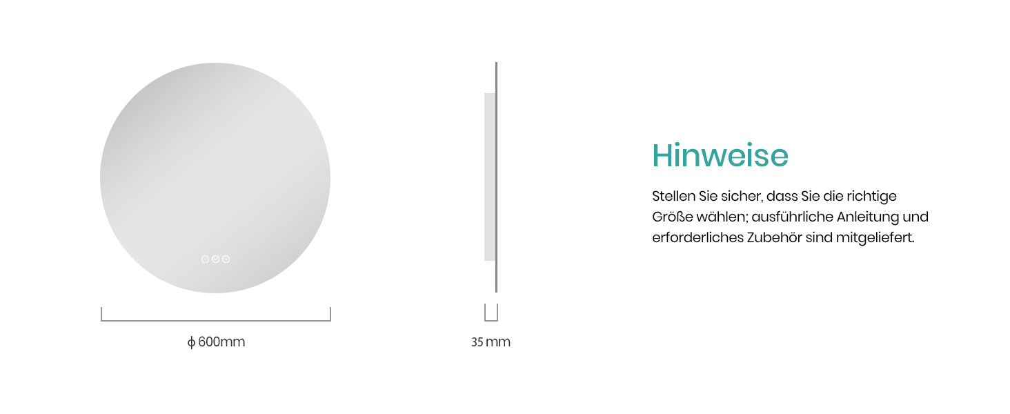 Дзеркало для ванної кімнати EMKE з підсвічуванням, 50 см, кругле, без рами, з регулюванням яскравості, 3 кольори світла, антизапар, сенсорне управління, функція пам'яті, 60x60 см