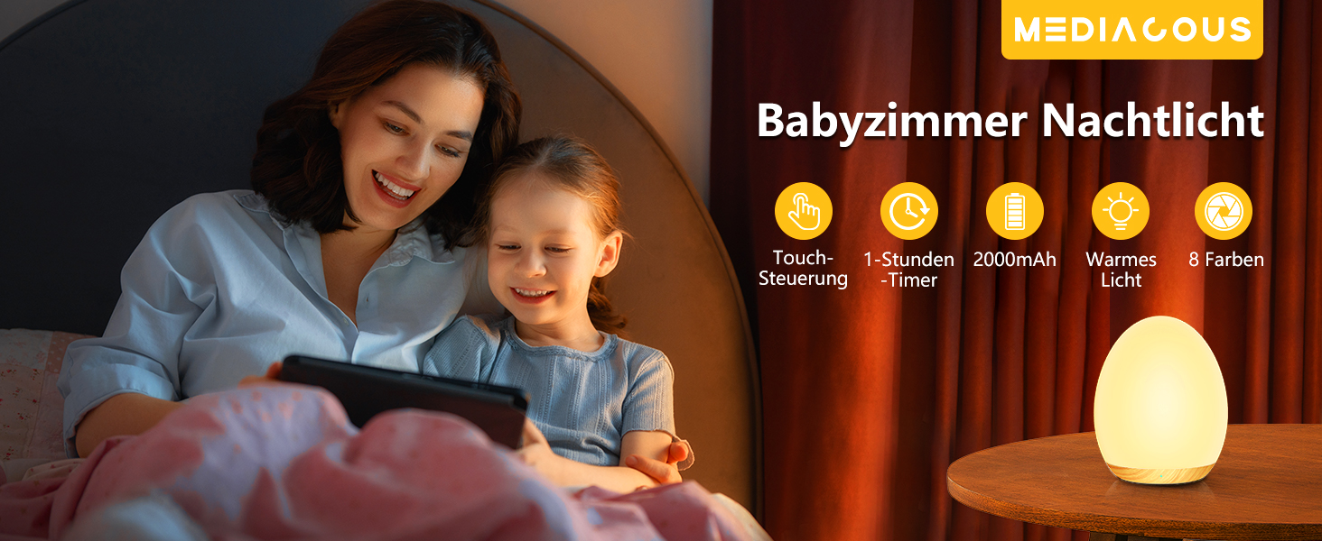Нічник-проєктор MediAcous для дітей та немовлят: 8 кольорів, регулювання яскравості, таймер 1 година, сенсорне керування, USB LED, декорування дитячої кімнати (білий, текстура дерева)
