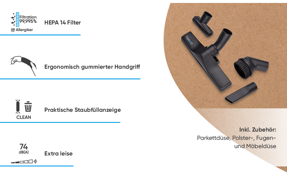 Пилсос Hoogo B3+ з мішком | Пилсос для підлоги | Потужний, з HEPA-фільтром, 850 Вт, радіус дії 11 м, тихий (74 дБ), об'єм пилозбірника 3 л, з набором насадок, білий, з кабелем