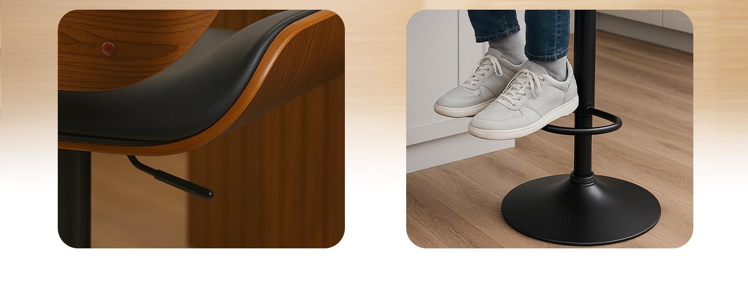 Барний стілець CLP Beverley з штучної шкіри, регульована висота та поворот, дерев'яний табурет з підніжкою, колір: горіх/чорний