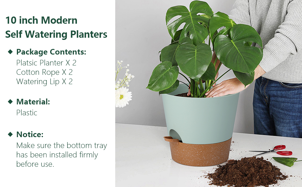 Набір з 2 горщиків для квітів 25.4 см, пластик, з системою поливу, для дому, балкону, саду, сукулентів, кактусів (зелений, коричневий)