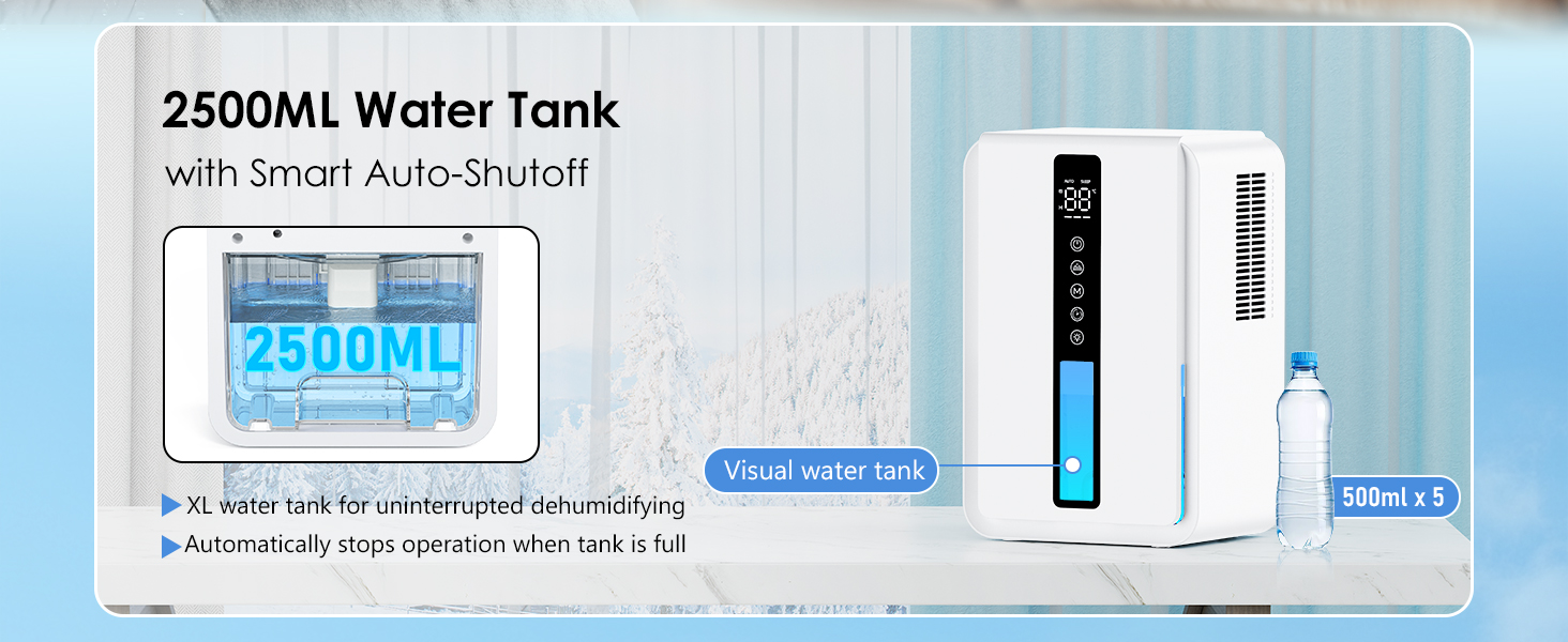Електричний осушувач повітря 2500 мл, 3 швидкості, 2 режими, таймер 48 год, авто-стоп, захист від замерзання, для спальні та ванної кімнати
