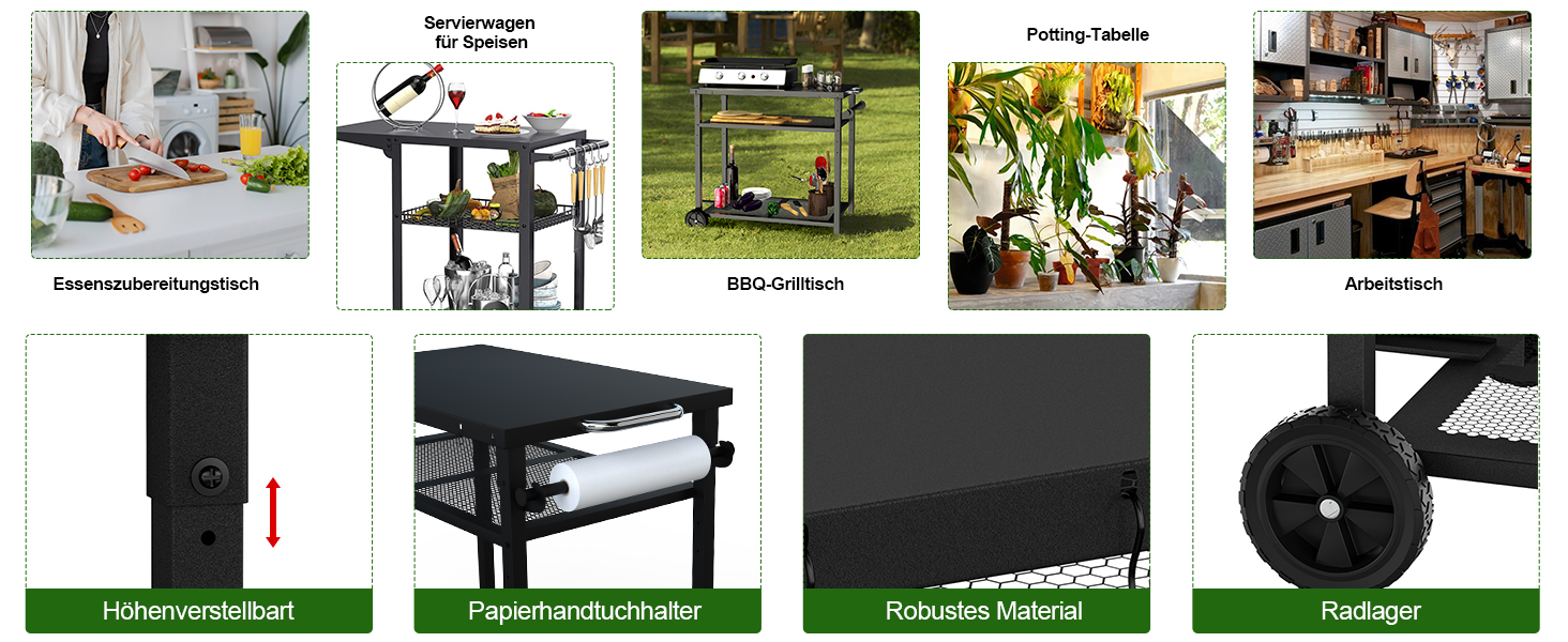 Металевий сервіровочний візок для гриля з 3 ярусами, 85 x 51 см. Підходить для планки, гриля, барбекю. Водонепроникна робоча поверхня.