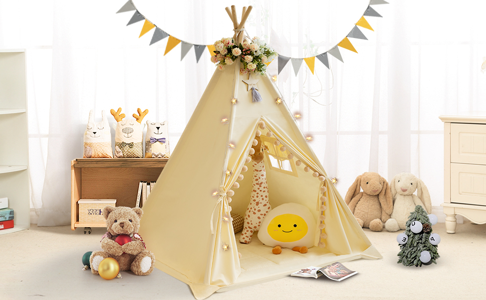 Дитяче намет Tipi з м'якою матрацом, бавовна, канвас. Намет Tipi для дітей з гірляндою зірочок, сумкою, прапорцем (білий)