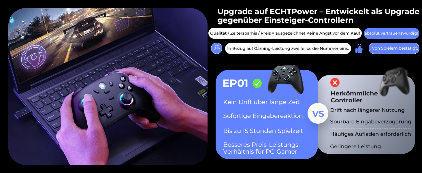 Ігровий бездротовий контролер ECHTPower для PC, Switch, Steam Deck, Android, iOS — RGB-підсвітка, Hall-джойстики, Turbo, вібрація, акумулятор 800mAh, чорний