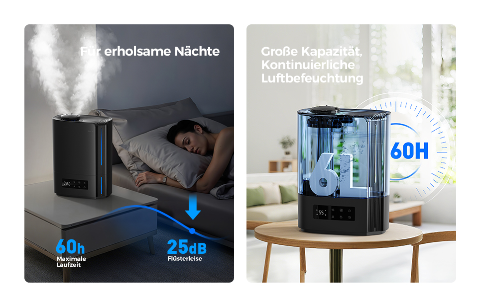 Зволожувач повітря AROEVE 6л для спальні, дитячої, кімнатних рослин, з аромадифузором, ультразвуковий, тихий (60 годин), чорний