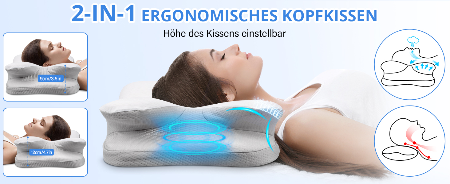 Подушка для шиї Ehomfory з ефектом пам'яті, ергономічна подушка для сну на боці, спині та животі, 69x37x9/12 см (біла)