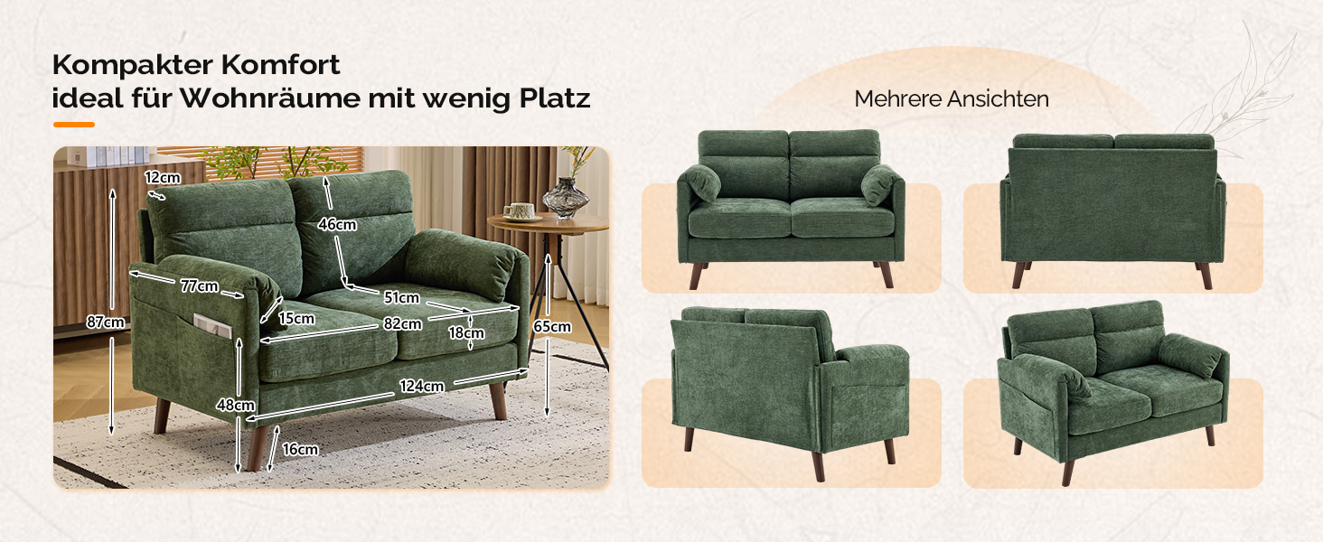 Диван Bonnlo 2-місний, компактний, 125 см, тканинний диван з м'якими підлокітниками, для офісу, вітальні, спальні, кабінету, легка збірка, льон, зелений