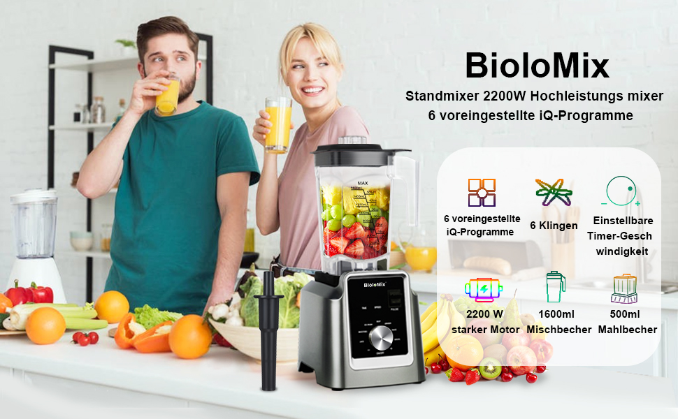 Високопродуктивний блендер BioloMix 2200 Вт, самоочисний, 2 л міксер без бісфенолу А Смузі-машина T5600