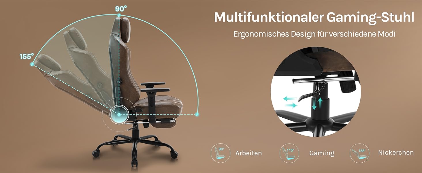 Крісло ігрове WOLTU, офісне ергономічне, з інтегрованим губчастим наповнювачем, підтримкою попереку, підставкою для ніг та підлокітниками, вінтажне, з штучної шкіри та металевим каркасом, коричневе