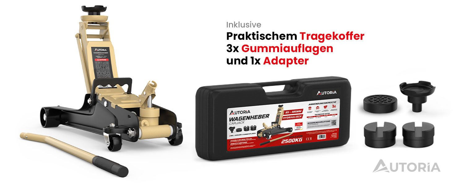 Гідравлічний домкрат Wagenheber 2.5T низькопрофільний для легкових авто та авто з заниженою підвіскою, до 2500 кг, бежевий + 3 гумові накладки та адаптер