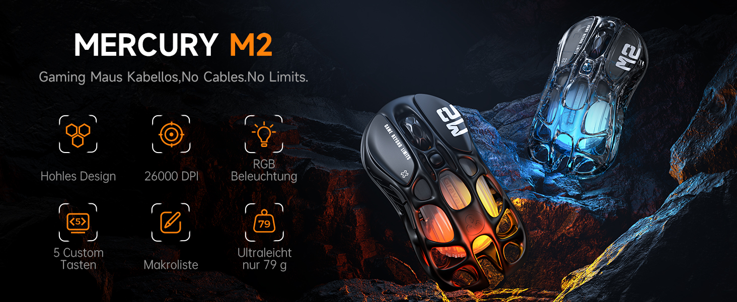 GravaStar Mercury M2 Бездротова Ігрова Миша з 26000 DPI, Сенсор PAW3395, 79г, 5 RGB-режимів, 5 програмованих кнопок, Tri-Mode (2.4GHz/Bluetooth/Кабель), для PC/Mac – Чорний