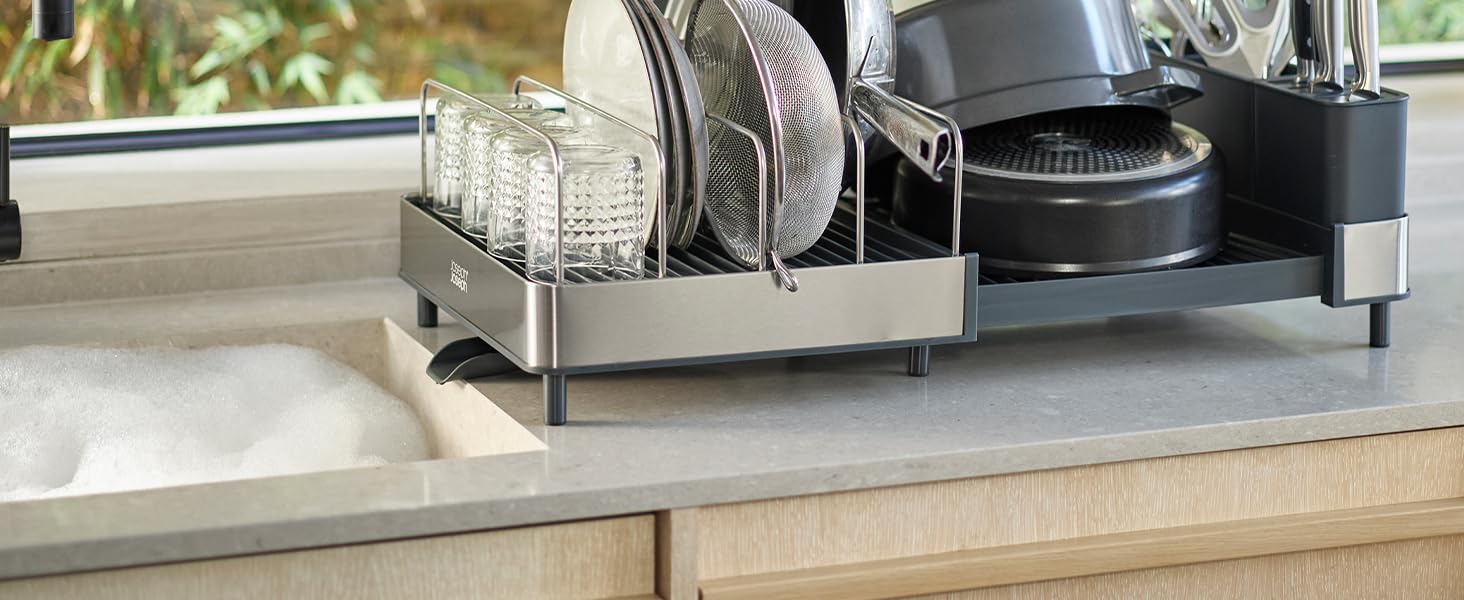 Сушарка для посуду Joseph Joseph Extend Max Steel з контейнером для столових приладів, сіра, нержавіюча сталь - велика місткість