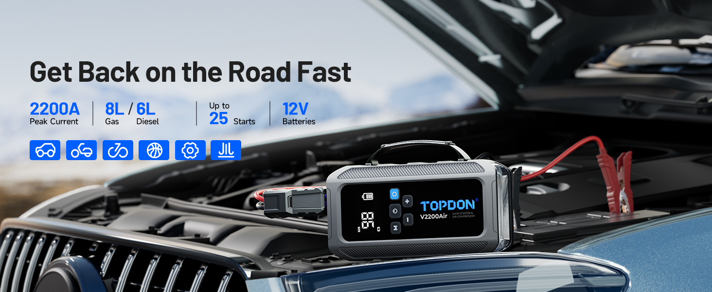 Пусковий пристрій TOPDON V2200 Air Jump Starter з компресором 150 PSI, бустер для авто (бензин до 8Л, дизель до 6Л), струм 2200А, LED-ліхтарем