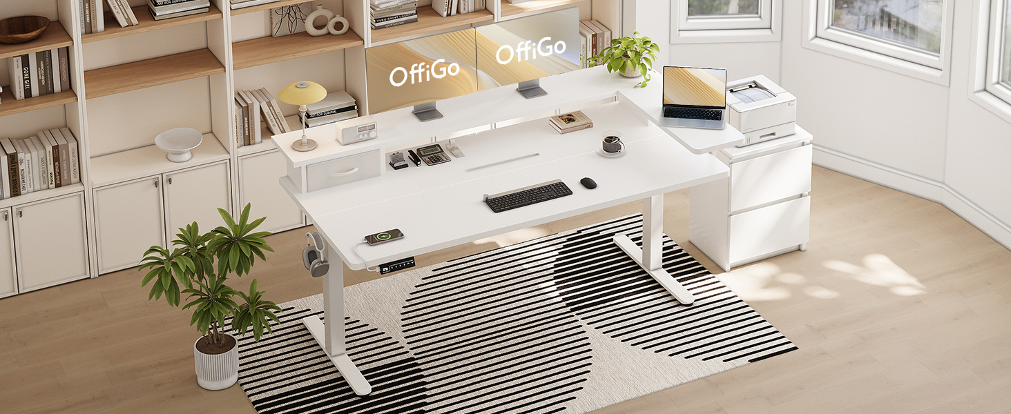 Електричний регульований стіл OffiGo для комп'ютера з шухлядою та USB, 140x60 см, білий клен. Ергономічний стіл для роботи сидячи/стоячи