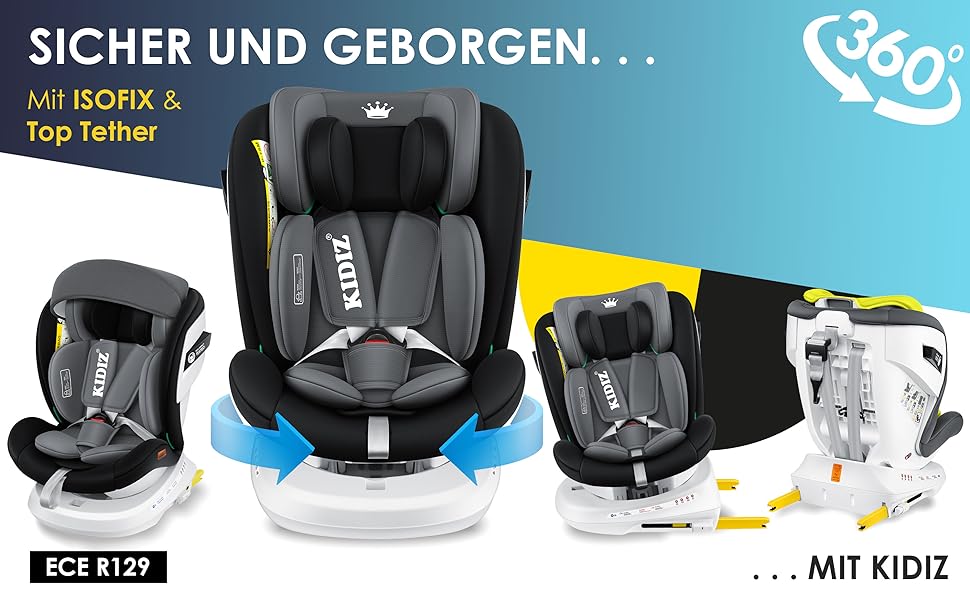 Автокрісло KIDIZ® i-Size ECE R129 для дітей 0-12 років (0-36 кг), 360° обертання, Isofix, Top Tether, 5-точкові ремені, з сонцезахистом, чорне