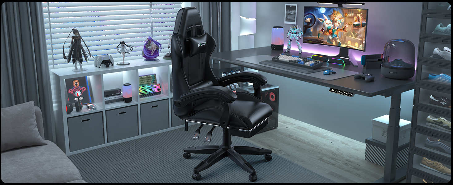 Ігровий крісло Bigzzia з масажем та підніжкою, ергономічний, регульована спинка 90-135°, чорний