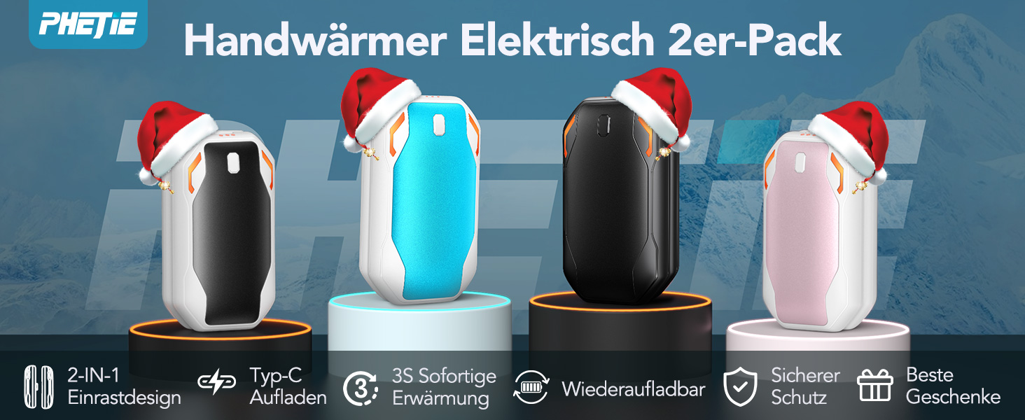 Електричні грілки для рук PHEJIE 2 шт. з 3 режимами нагріву, портативні, для активного відпочинку, кемпінгу, гольфу, подарунок для жінок та чоловіків (синьо-білі)