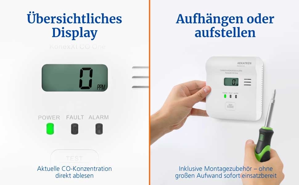 Датчик CO Hekatron KonexXt CO One з батареєю на 10 років – детектор чадного газу з дисплеєм та кнопкою тестування, проста установка