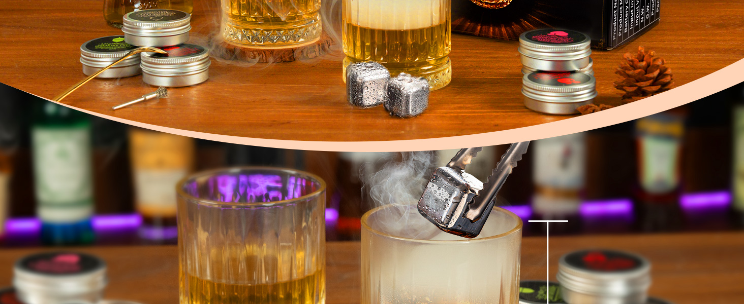 Набір для копчення віскі CIRYASR, електричний, без бутану, з 6 смаками дерев'яної стружки, 2 віскі-стоуни, RGB-підсвічування, подарунок для чоловіків, батька, чоловіка (з 2 склянками)