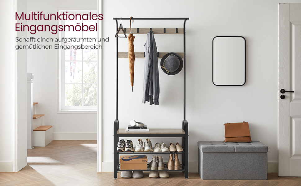 Стійка для одягу VASAGLE з полицею для взуття, 4-в-1, 9 знімних гачків, штанга для одягу, для передпокою, 33.7 x 72 x 183 см, індустріальний дизайн, горіхово-чорний колір