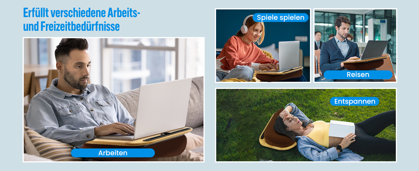 Підставка для ноутбука VLOXO з бамбука для ліжка та дивана, м'яка підкладка, ергономічне коліно, з отвором для кабелю та антиковзким покриттям, для ноутбуків/планшетів/MacBook до 14 дюймів, коричнева