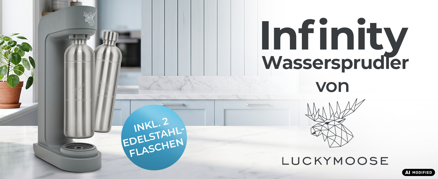 Сифон для газування води Luckymoose Infinity, 2 сталеві пляшки по 1,25л, сумісність з синіми циліндрами CO2 60л, чорний