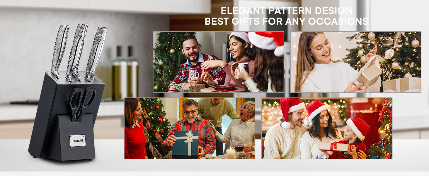 Набір ножів FOHERE 7 предметів з автозаточкою, професійний кухонний набір, з дерев'яним блоком, нержавіюча сталь, ергономічні ручки, ідеальний подарунок