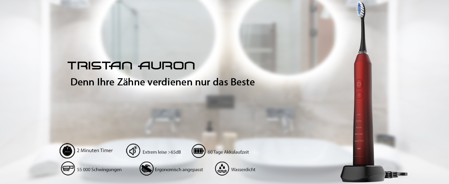 Електрична зубна щітка Tristan Auron – 55 000 вібрацій, 5 режимів, 60 днів роботи від акумулятора, компактна та тиха, 2 насадки, для бережного очищення зубів (червона)